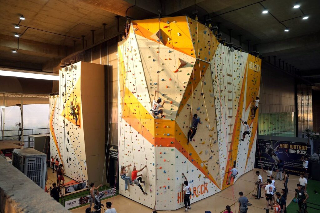 Climbers on the 33-ft walls at High Rock Climbing Arena, Powai, Mumbai