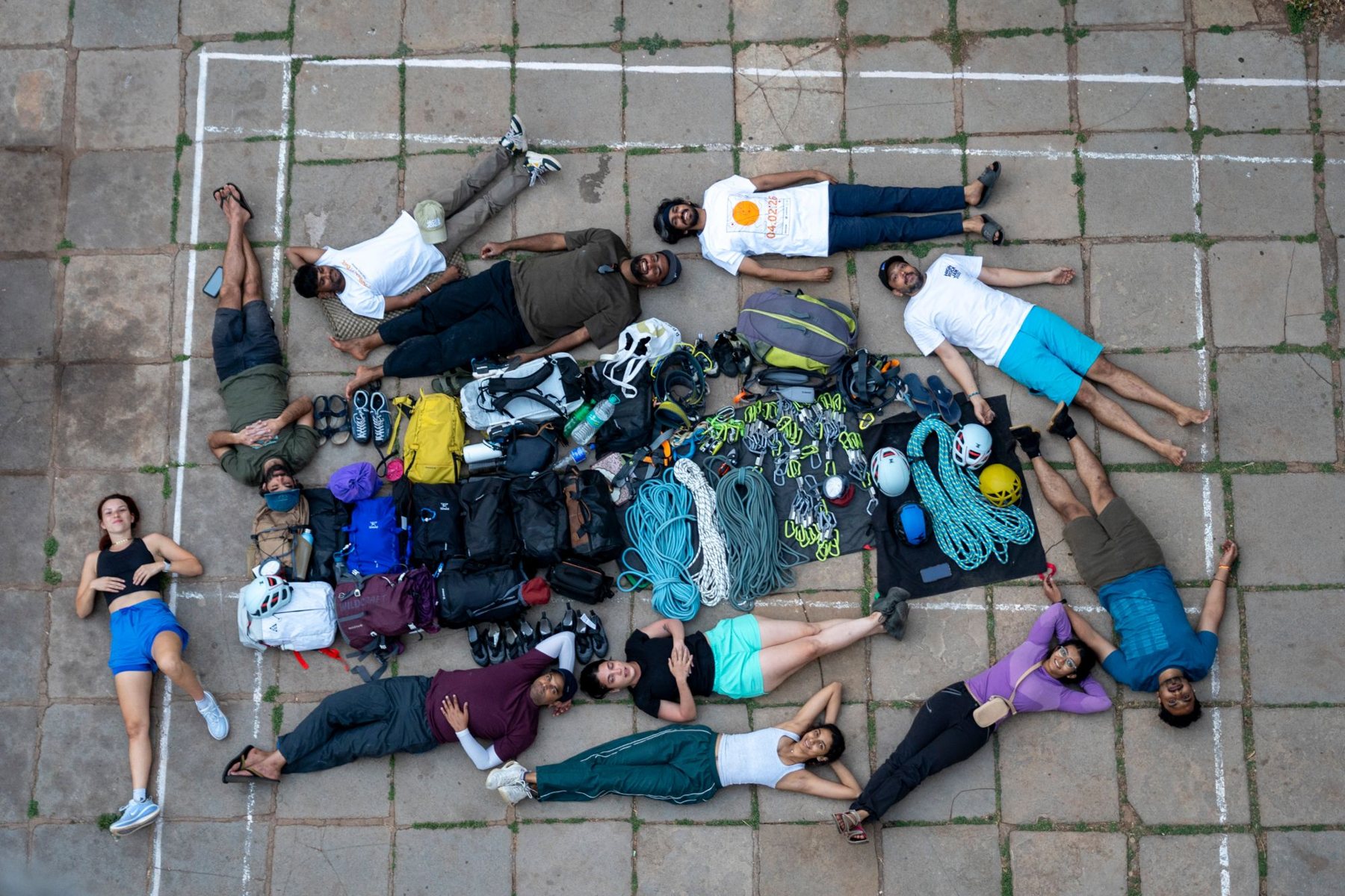Climbers lying around their gear at the Badami outdoor climbing retreat, seen from above